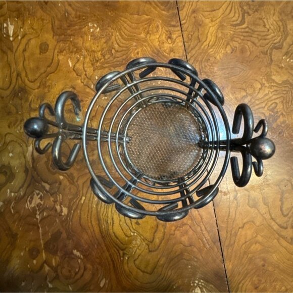 Vintage Black Metal Utensil Holder With Scrollwork Design & Mesh Bottom - Picture 4 of 4